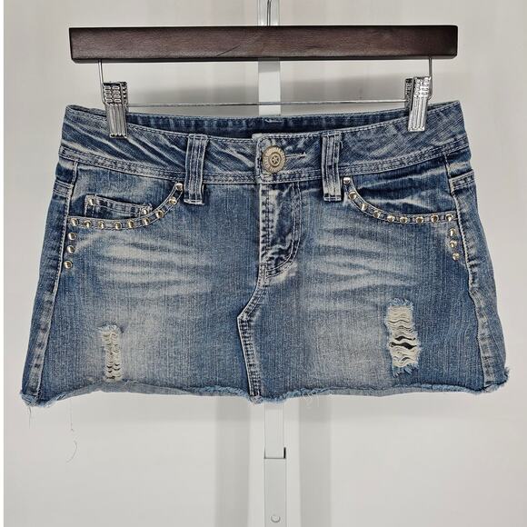 Vintage Y2K Colza Womens Sz M Blue Jean Mini Skirt Denim Studded Distressed - Picture 1 of 5